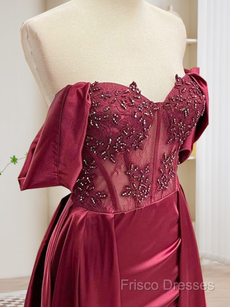 Burgundy A-Line Off Shoulder Satin Lace Long Formal Prom Dress, Burgundy Long Formal Dress Secondary image