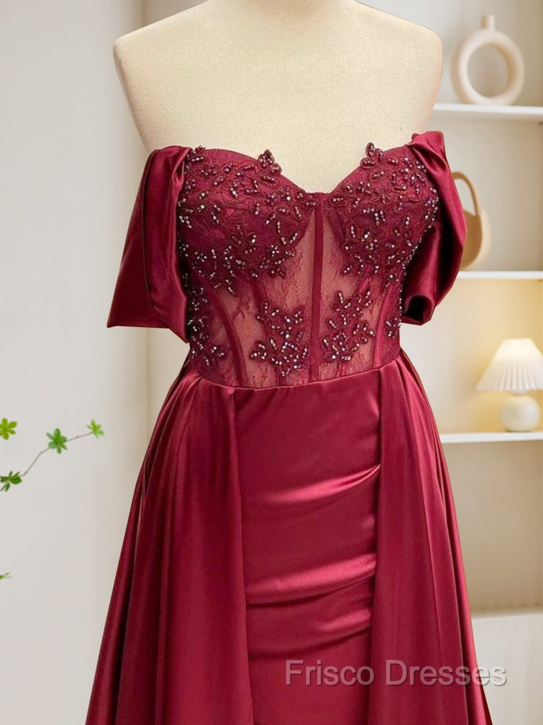 Burgundy A-Line Off Shoulder Satin Lace Long Formal Prom Dress, Burgundy Long Formal Dress