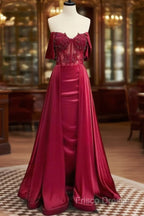 Burgundy A-Line Off Shoulder Satin Lace Long Formal Prom Dress, Burgundy Long Formal Dress