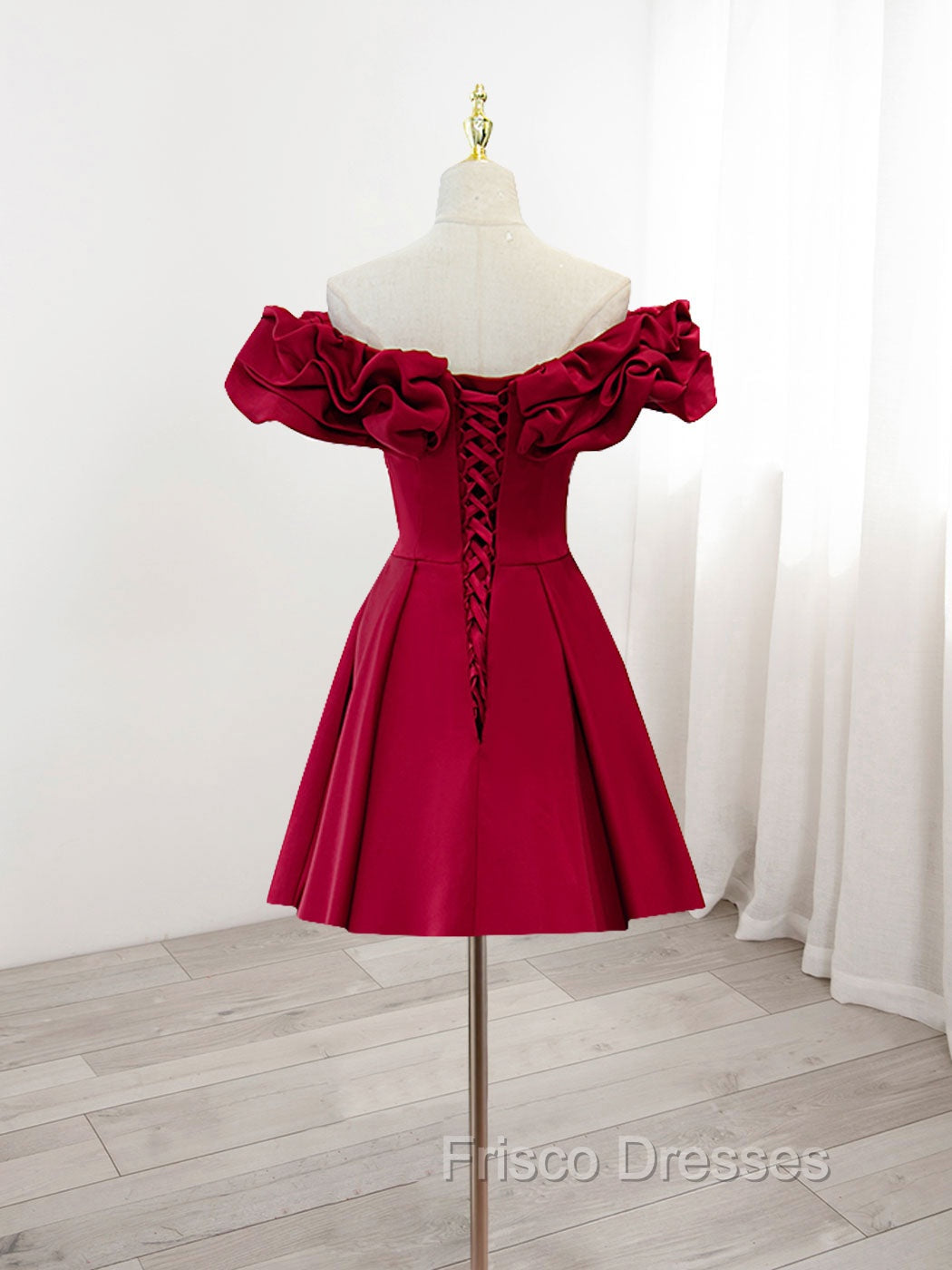 Burgundy A-Line Off Shoulder Satin Short Formal Prom Dress, Burgundy Homecoming Dress Secondary image