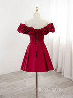 Burgundy A-Line Off Shoulder Satin Short Formal Prom Dress, Burgundy Homecoming Dress