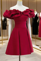 Burgundy A-Line Off Shoulder Satin Short Formal Prom Dress, Burgundy Homecoming Dress