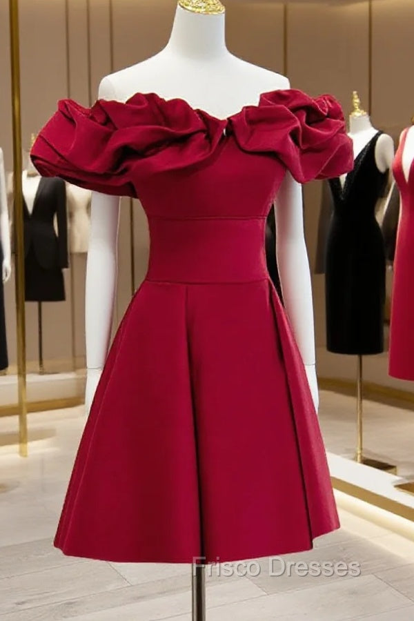 Burgundy A-Line Off Shoulder Satin Short Formal Prom Dress, Burgundy Homecoming Dress