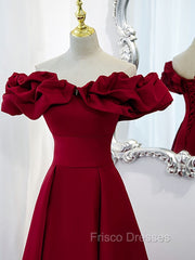 Burgundy A-Line Off Shoulder Satin Short Formal Prom Dress, Burgundy Homecoming Dress