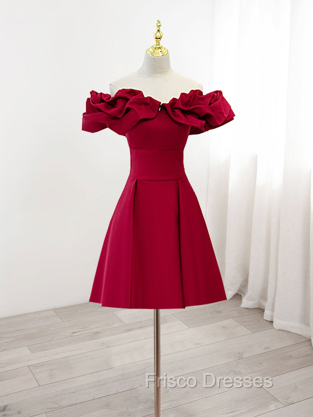 Burgundy A-Line Off Shoulder Satin Short Formal Prom Dress, Burgundy Homecoming Dress Main image