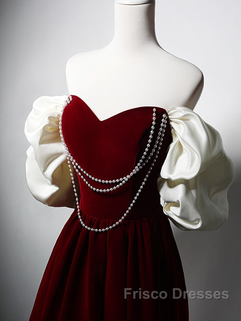 Burgundy A-Line Off Shoulder Velvet Lace Long Formal Prom Dress, Burgundy Long Formal Dress Secondary image