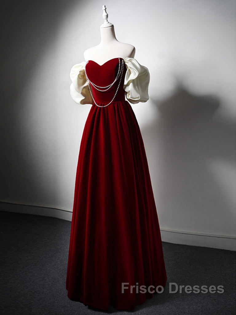 Burgundy A-Line Off Shoulder Velvet Lace Long Formal Prom Dress, Burgundy Long Formal Dress