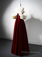 Burgundy A-Line Off Shoulder Velvet Lace Long Formal Prom Dress, Burgundy Long Formal Dress