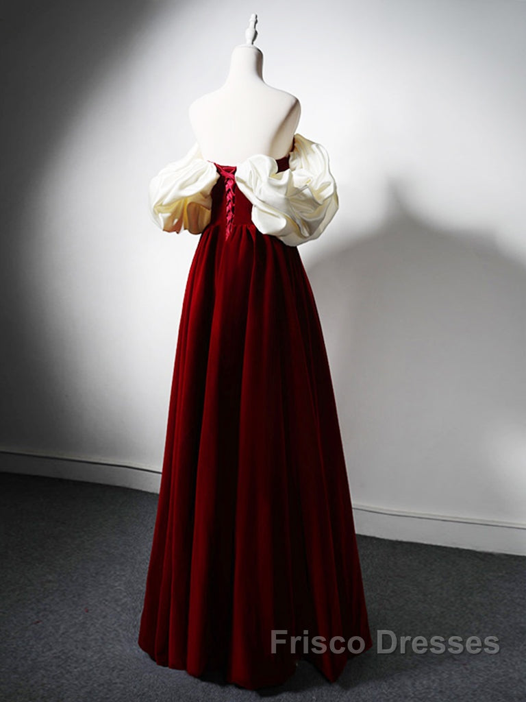 Burgundy A-Line Off Shoulder Velvet Lace Long Formal Prom Dress, Burgundy Long Formal Dress
