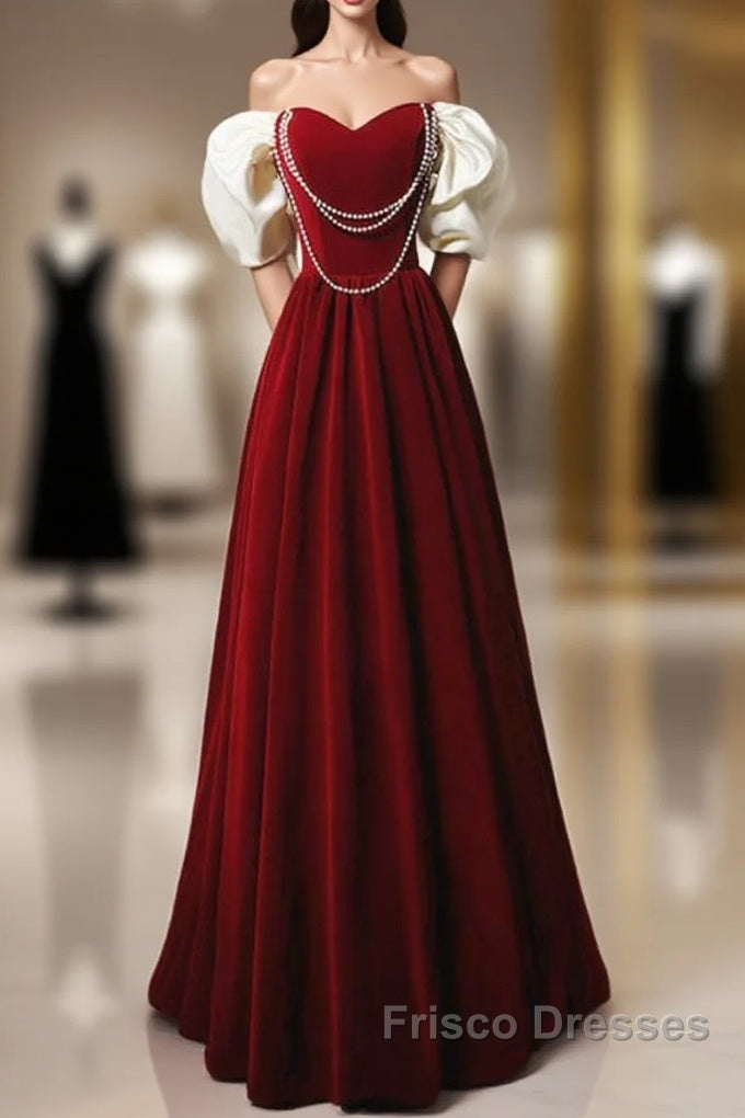 Burgundy A-Line Off Shoulder Velvet Lace Long Formal Prom Dress, Burgundy Long Formal Dress
