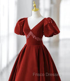 Burgundy A Line Puff Sleeves Velvet Long Formal Prom Dress Evening Dress