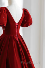 Burgundy A Line Puff Sleeves Velvet Long Formal Prom Dress Evening Dress