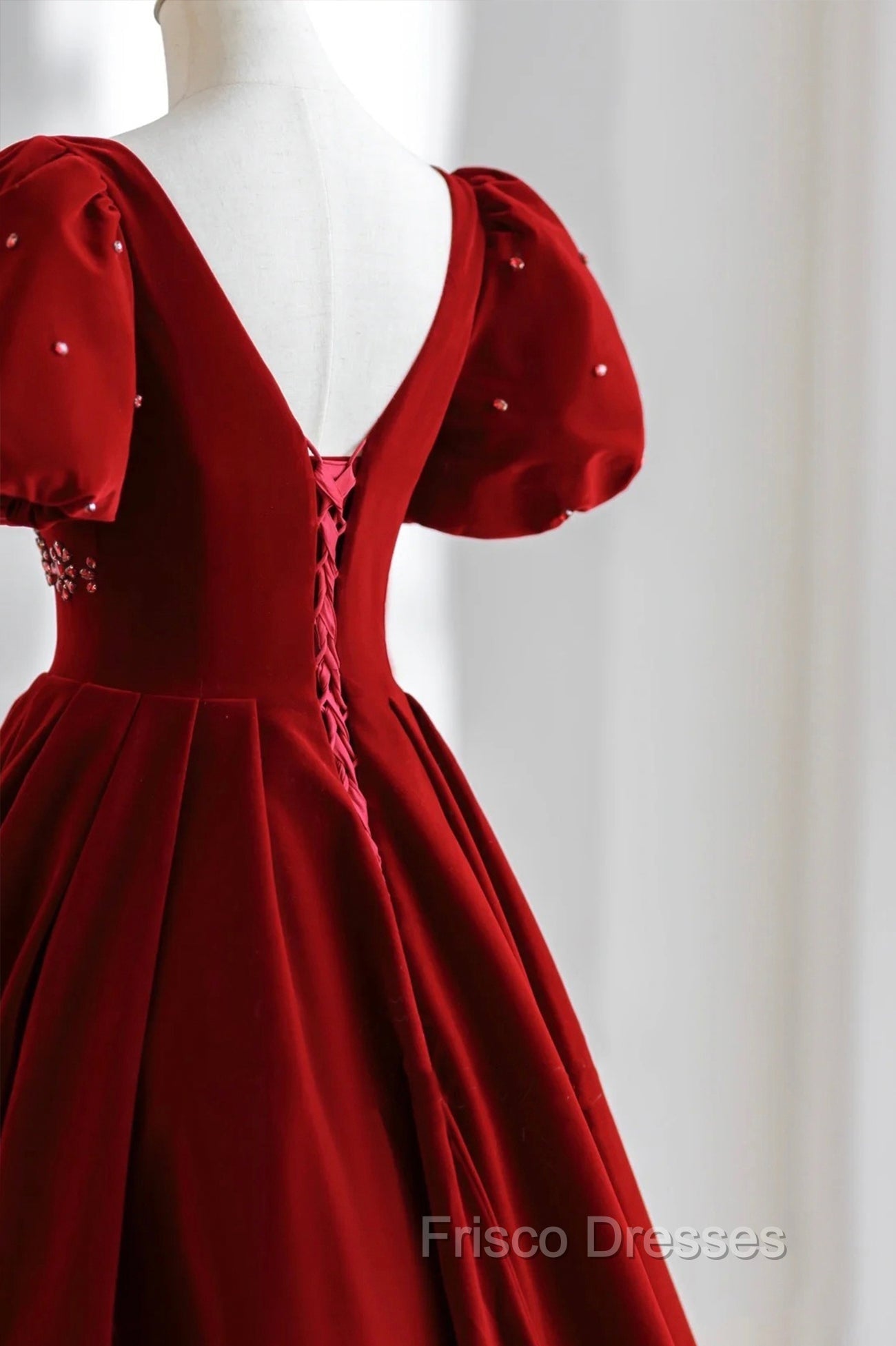 Burgundy A Line Puff Sleeves Velvet Long Formal Prom Dress Evening Dress