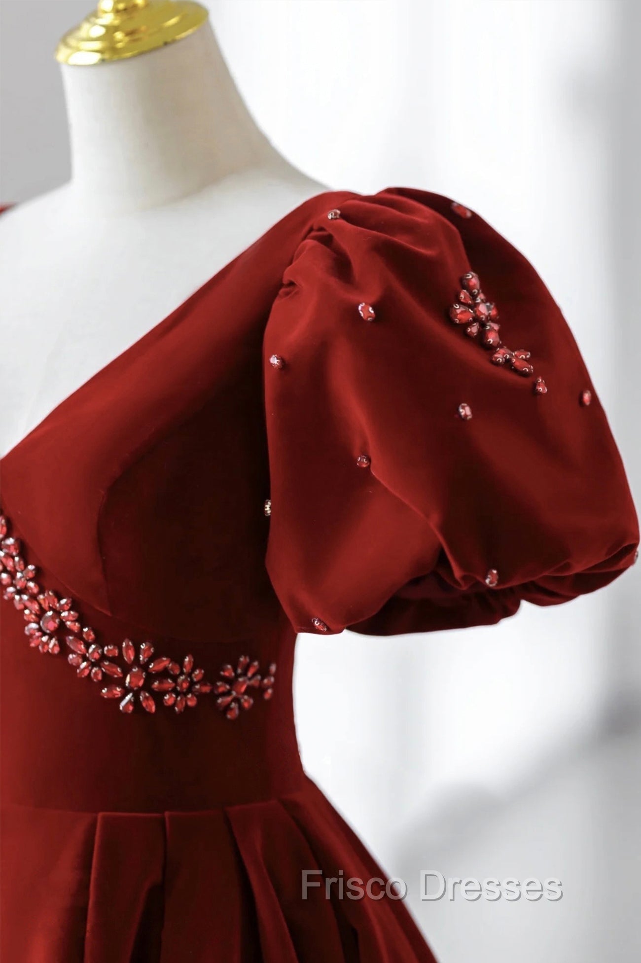 Burgundy A Line Puff Sleeves Velvet Long Formal Prom Dress Evening Dress