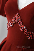 Burgundy A Line Puff Sleeves Velvet Long Formal Prom Dress Evening Dress