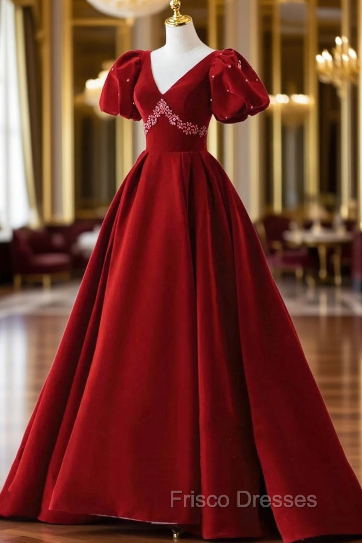 Burgundy A Line Puff Sleeves Velvet Long Formal Prom Dress Evening Dress Main image