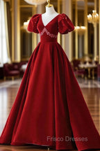 Burgundy A Line Puff Sleeves Velvet Long Formal Prom Dress Evening Dress
