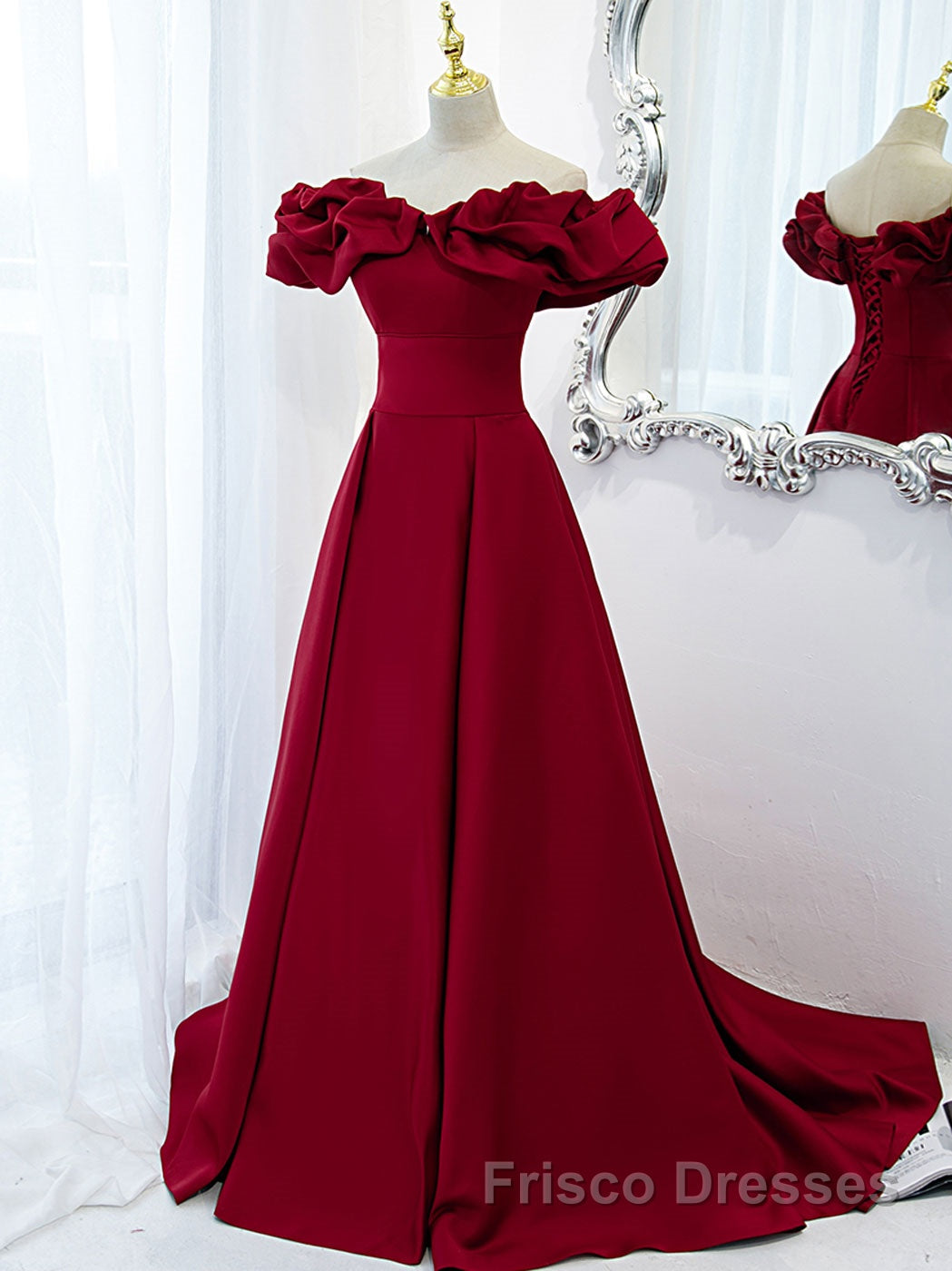 Burgundy A-Line Satin Long Formal Prom Dresses, Burgundy Formal Evening Dresses