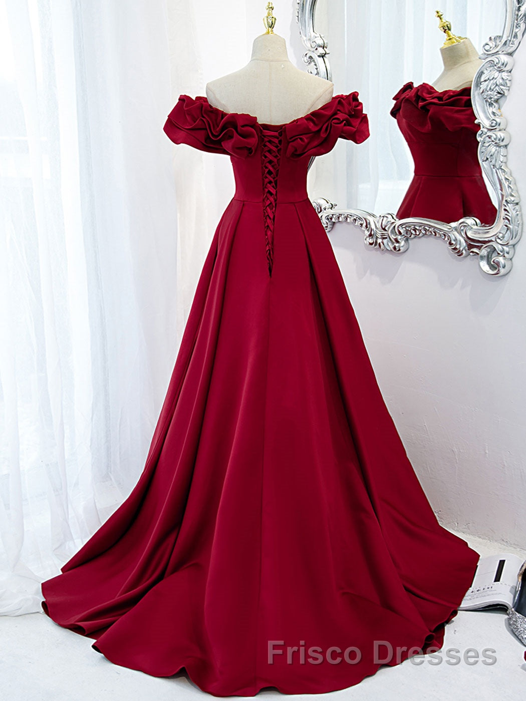 Burgundy A-Line Satin Long Formal Prom Dresses, Burgundy Formal Evening Dresses