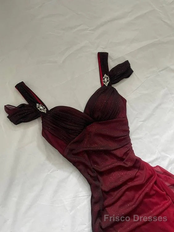 Burgundy A Line Shiny Long Prom Dress Ruffled Evening Gown