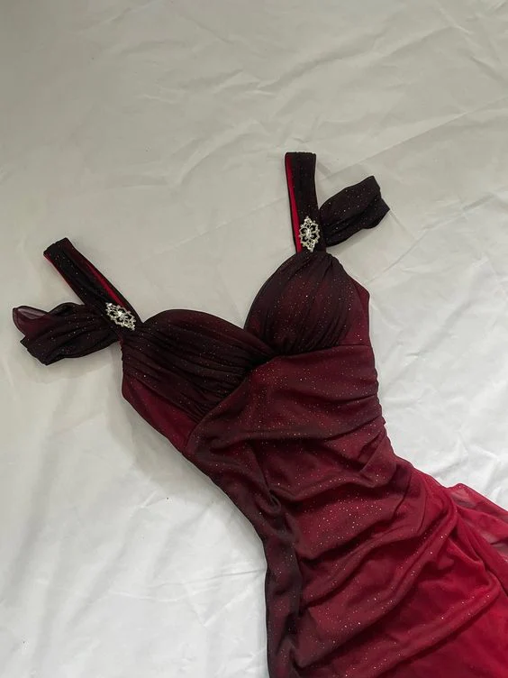 Burgundy A Line Shiny Long Prom Dress Ruffled Evening Gown Secondary image