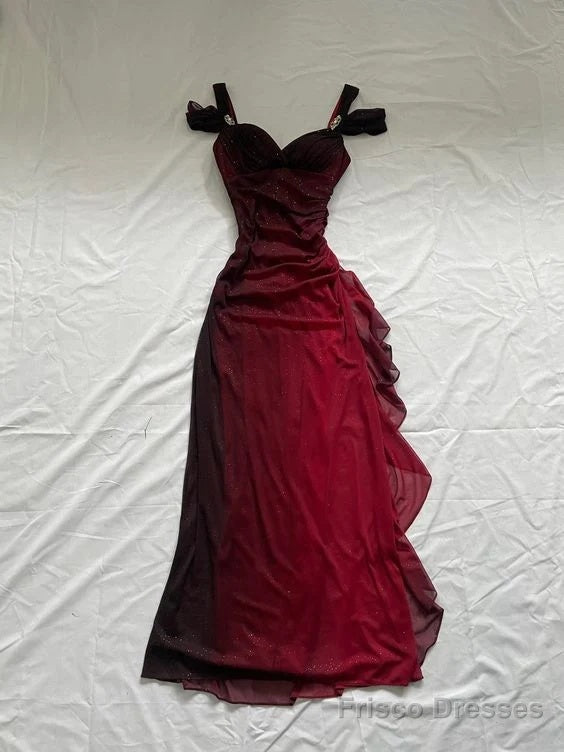 Burgundy A Line Shiny Long Prom Dress Ruffled Evening Gown Main image