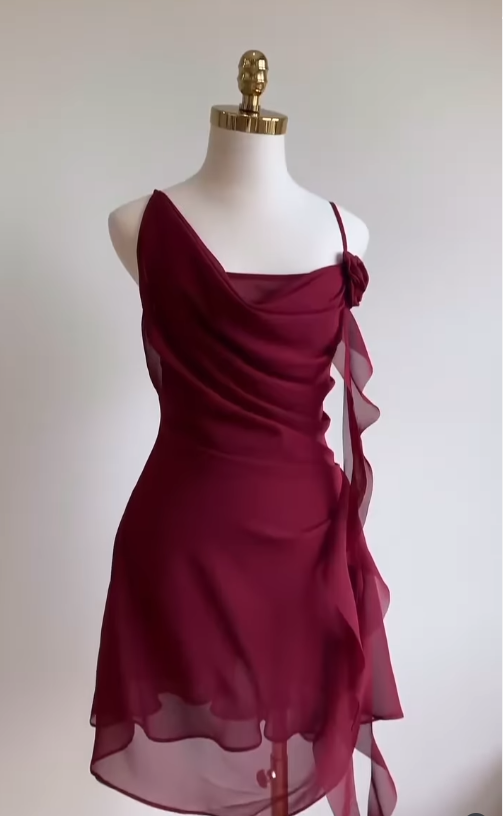 Burgundy A Line Spaghetti Strap Floral Chiffon Short Party Dress Homecoming Dress Outfits Secondary image
