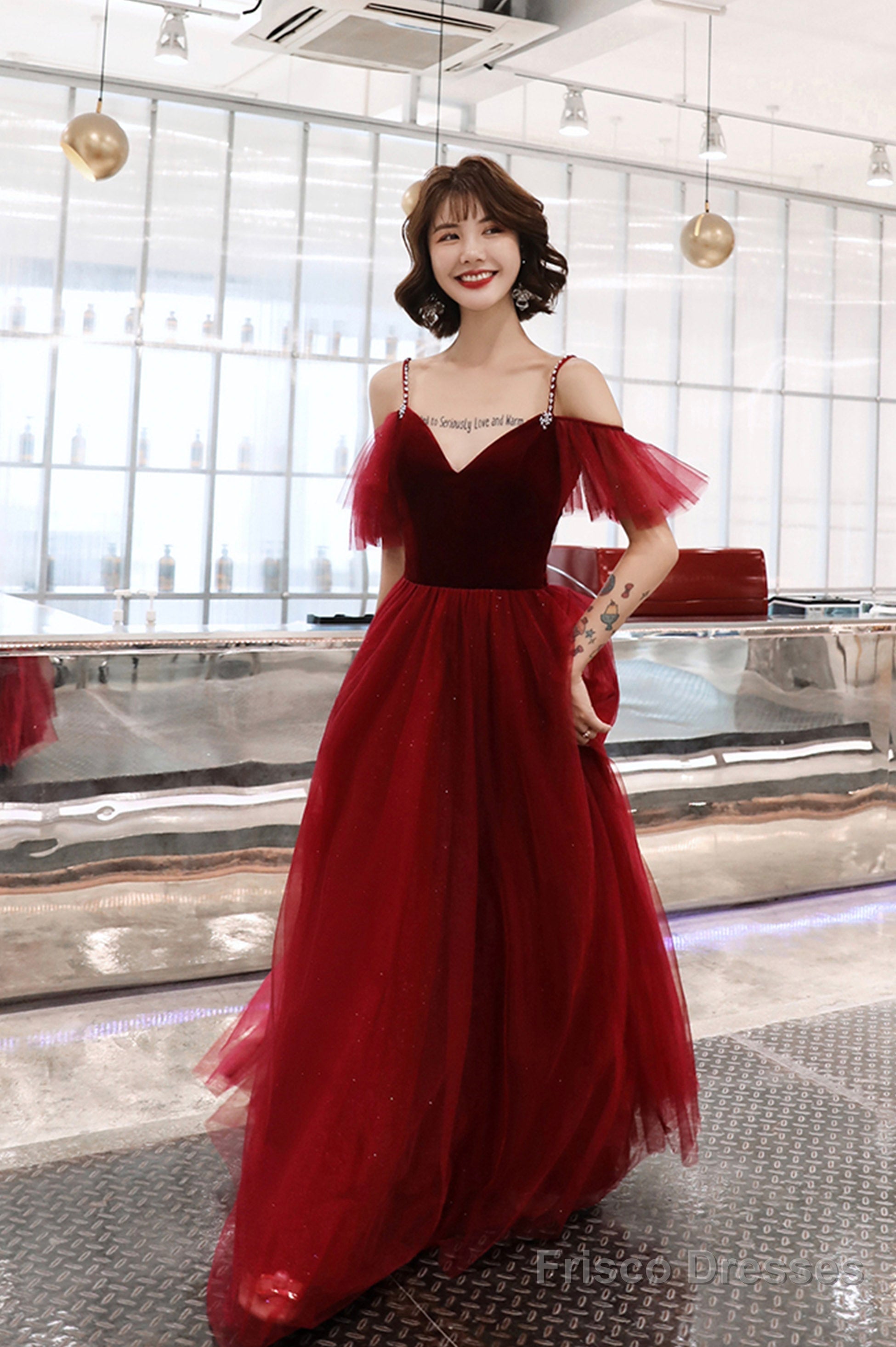 Burgundy A-Line Spaghetti Straps Long Prom Dress, Simple V-Neck Evening Dress Secondary image