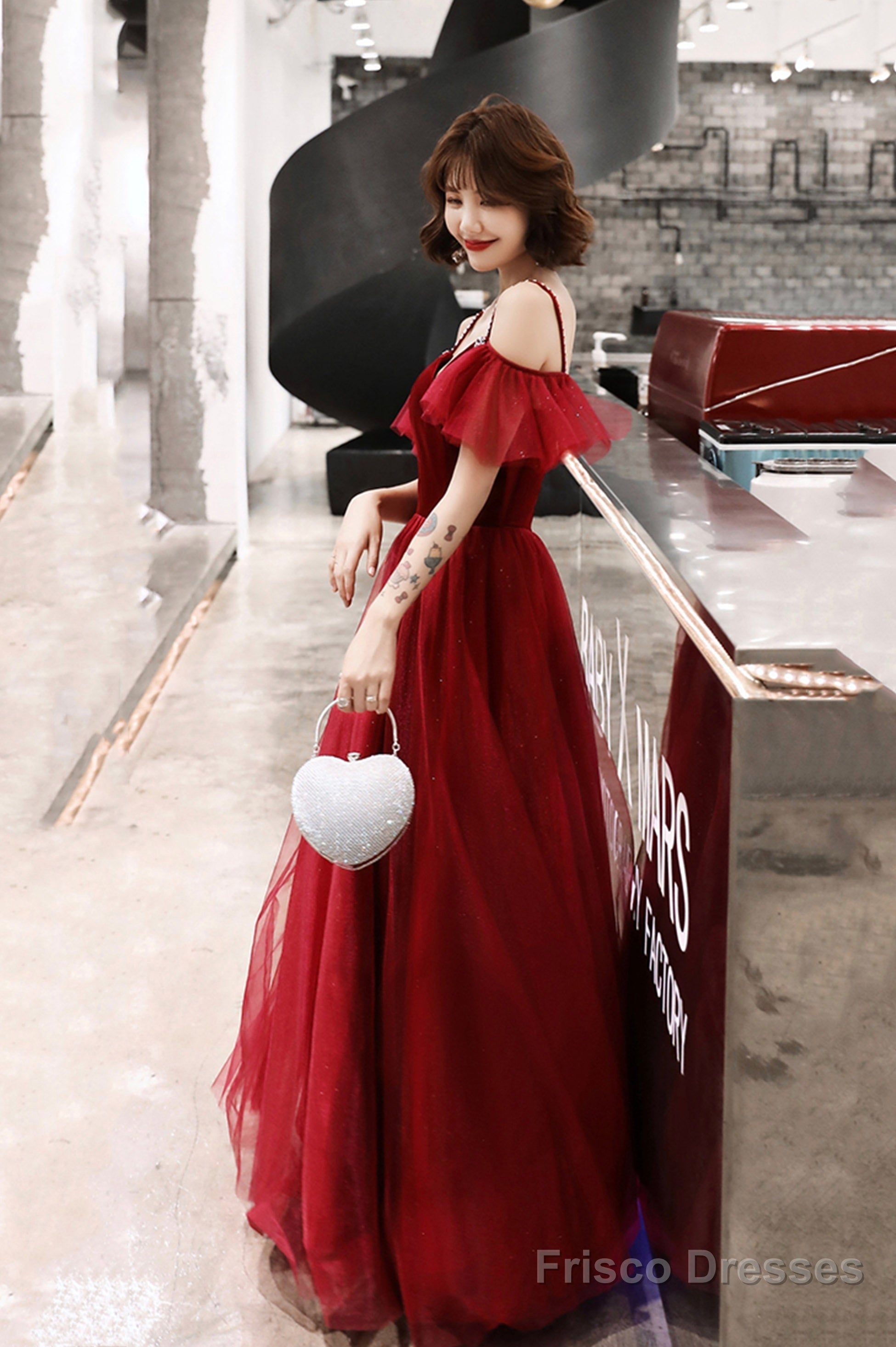 Burgundy A-Line Spaghetti Straps Long Prom Dress, Simple V-Neck Evening Dress