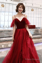 Burgundy A-Line Spaghetti Straps Long Prom Dress, Simple V-Neck Evening Dress