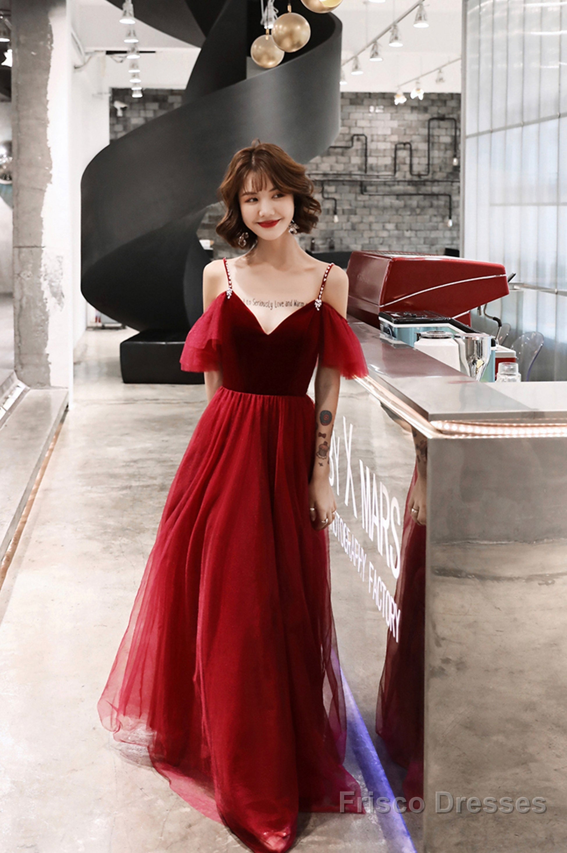 Burgundy A-Line Spaghetti Straps Long Prom Dress, Simple V-Neck Evening Dress