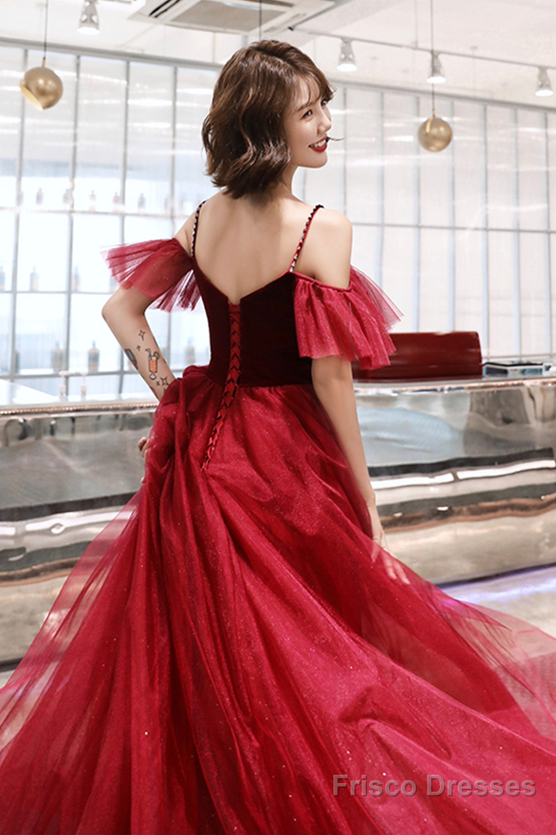 Burgundy A-Line Spaghetti Straps Long Prom Dress, Simple V-Neck Evening Dress