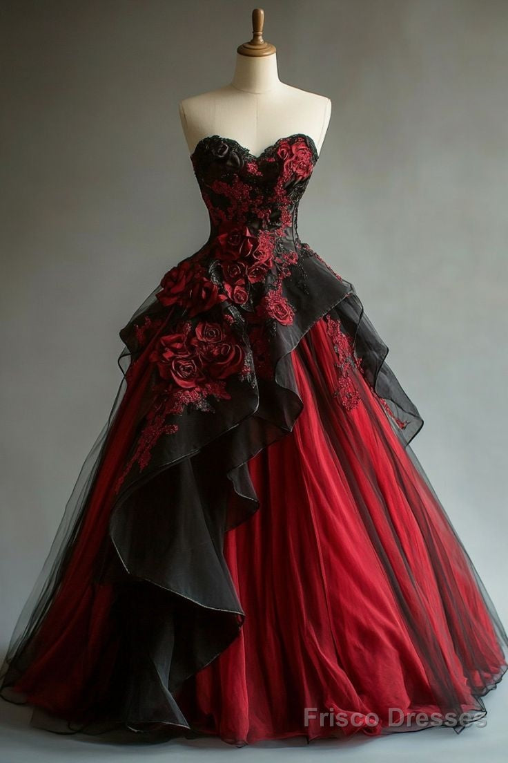 Burgundy A-Line Sweetheart Neck Tulle Applique Long Prom Dress Vintage Evening Gown Main image