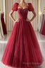 Burgundy A line tulle beads long Formal Prom Dresses burgundy formal Dresses