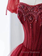 Burgundy A line tulle beads long Formal Prom Dresses burgundy formal Dresses