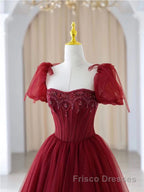 Burgundy A line tulle beads long Formal Prom Dresses burgundy formal Dresses