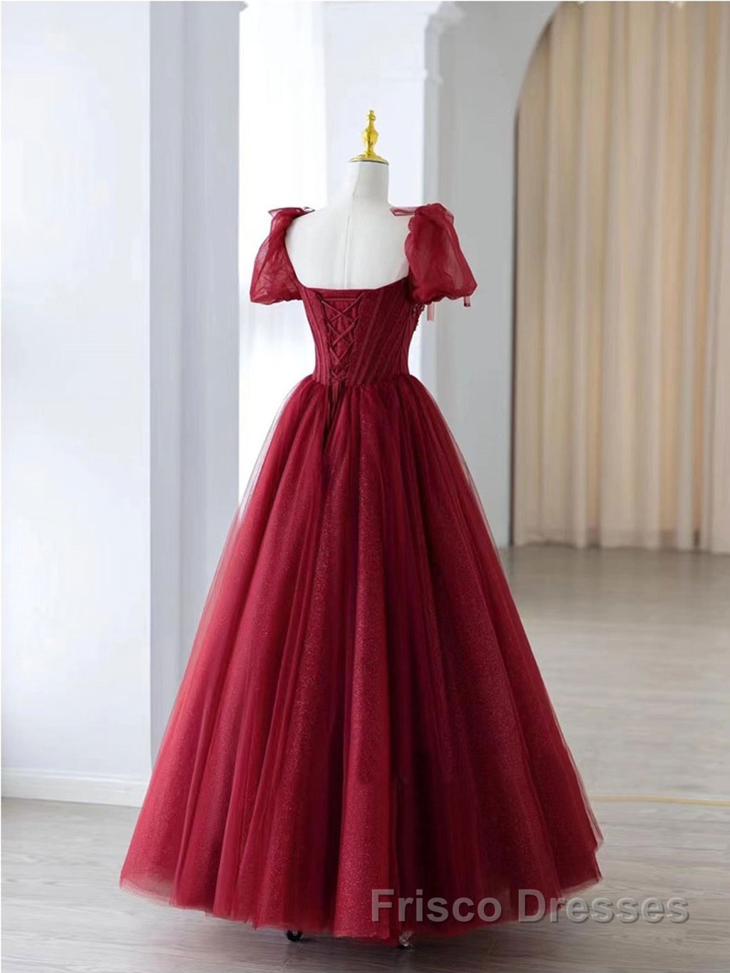 Burgundy A line tulle beads long Formal Prom Dresses burgundy formal Dresses