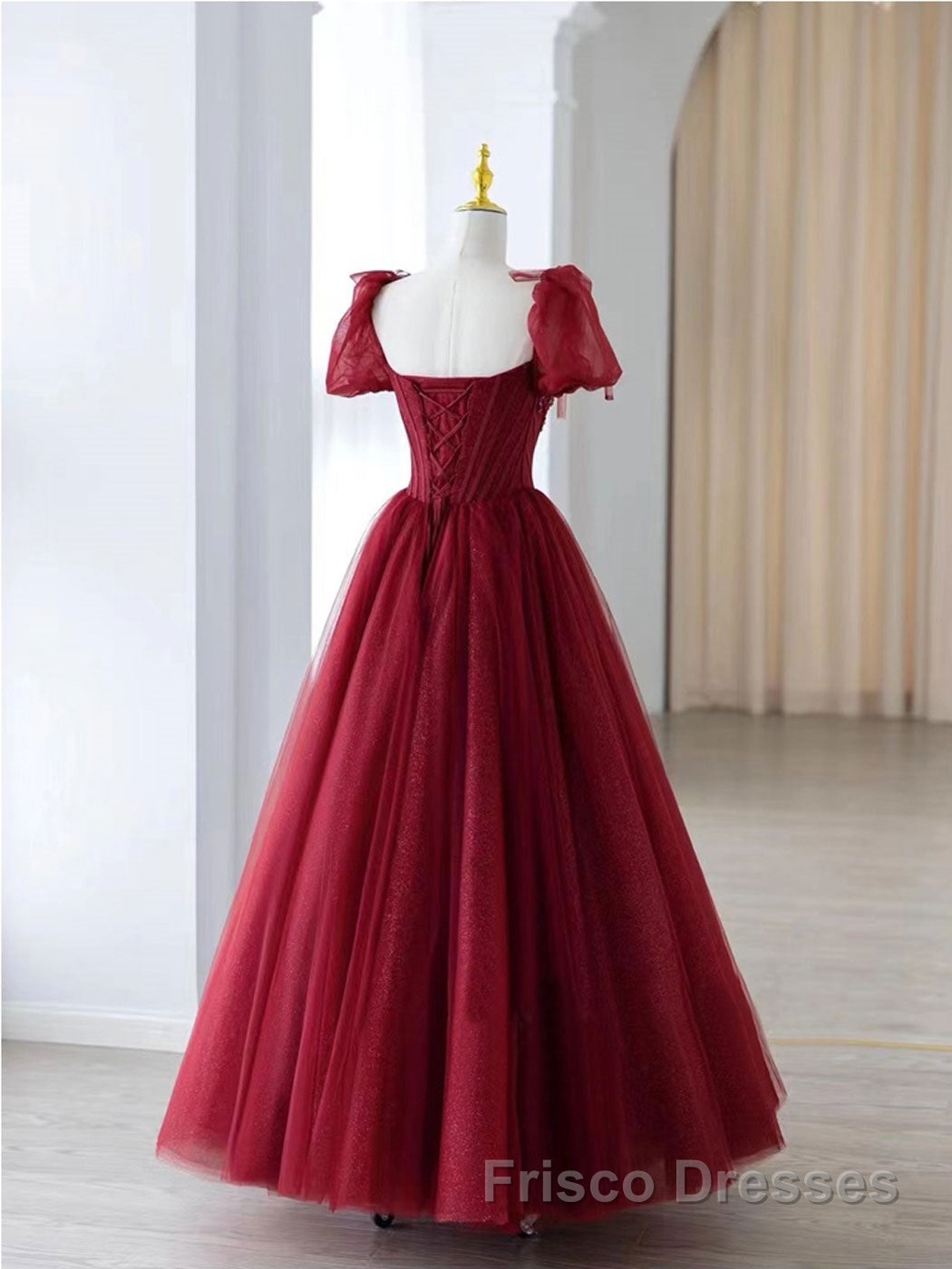 Burgundy A line tulle beads long Formal Prom Dresses burgundy formal Dresses