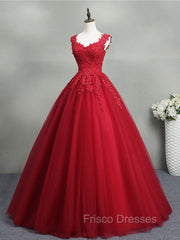 Burgundy A-Line Tulle Lace Long Formal Prom Dress, Burgundy Formal Evening Dress