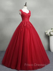 Burgundy A-Line Tulle Lace Long Formal Prom Dress, Burgundy Formal Evening Dress