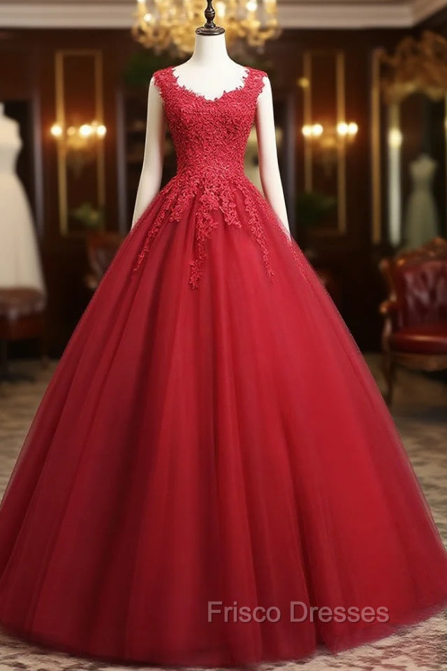 Burgundy A-Line Tulle Lace Long Formal Prom Dress, Burgundy Formal Evening Dress Main image