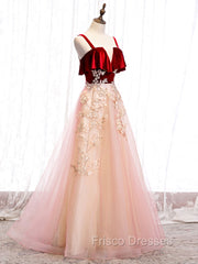 Burgundy A-line Tulle Lace Long Formal Prom Dress Tulle Formal Dress