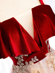 Burgundy A-line Tulle Lace Long Formal Prom Dress Tulle Formal Dress