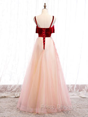 Burgundy A-line Tulle Lace Long Formal Prom Dress Tulle Formal Dress