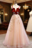 Burgundy A-line Tulle Lace Long Formal Prom Dress Tulle Formal Dress