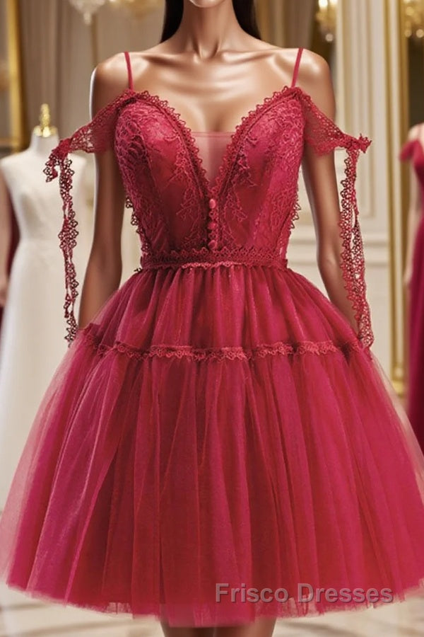 Burgundy A-Line Tulle Lace Short Formal Prom Dresses, Burgundy Homecoming Dresses Main image