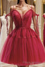 Burgundy A-Line Tulle Lace Short Formal Prom Dresses, Burgundy Homecoming Dresses