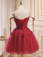 Burgundy A-Line Tulle Lace Short Formal Prom Dresses, Burgundy Homecoming Dresses