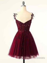 Burgundy A-Line Tulle Lace Short Formal Prom Dress, Cute Burgundy Homecoming Dress