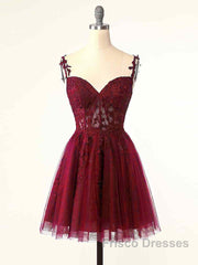 Burgundy A-Line Tulle Lace Short Formal Prom Dress, Cute Burgundy Homecoming Dress